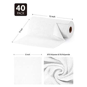 Fantasticlean Microfiber Cleaning Cloth Roll -40 Pack, Tear Away Microfiber Towels, 12" x 12", Reusable, Washable, Scratch Free, Ultra Absorbent Dish Rags for Car, Home, Garage or Shop (White)