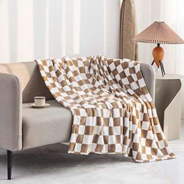 LOMAO Throw Blankets Flannel Blanket with Checkerboard Grid Pattern Soft Throw Blanket for Couch, Bed, Sofa Luxurious Warm and Cozy for All Seasons (Khaki, 60"x80")