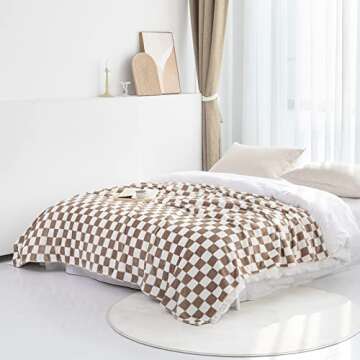 LOMAO Throw Blankets Flannel Blanket with Checkerboard Grid Pattern Soft Throw Blanket for Couch, Bed, Sofa Luxurious Warm and Cozy for All Seasons (Khaki, 60"x80")