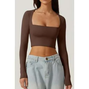 QINSEN Women's Sexy Square Neck Crop Top Long Sleeve