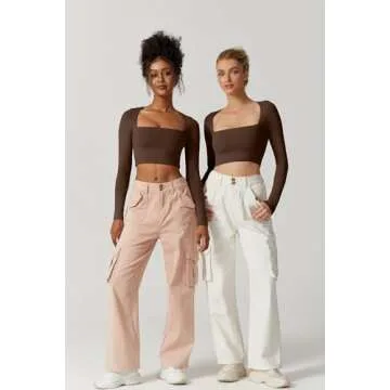 QINSEN Women's Sexy Square Neck Crop Top Long Sleeve