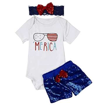Baby Girls American Flag Sunglasses Star Stripe Printed Romper Bodysuit+Sequins Bowknot Shorts+Headband 3Pcs 4th of July Sets (9-12 Months/Tag80, Dark Blue, 9_Months)