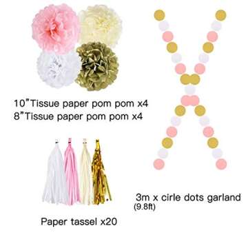 Pink Gold Party Decorations Baby Shower Birthday Tassel Garland Banner Tissue Paper Pom Pom Flowers for Wedding Bridal Graduation Decorations Party Supplies, 30PCS