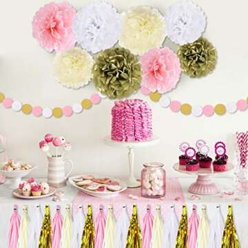 Pink Gold Party Decorations Baby Shower Birthday Tassel Garland Banner Tissue Paper Pom Pom Flowers for Wedding Bridal Graduation Decorations Party Supplies, 30PCS