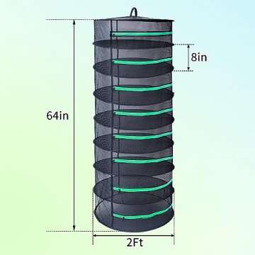 Growsun Herb Drying Rack 8 Layer 2ft Diameter Plant Hanging Mesh Dry Net w/Green Zipper, Free Garden...