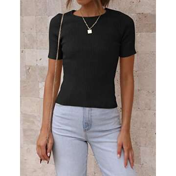 ZESICA Women's Short Sleeve Crewneck T Shirt 2025 Summer Ribbed Knit Slim Fit Basic Solid Color Tee ...