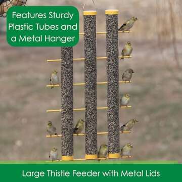 Songbird Essentials Giant Finch Feeder, Finches Favorite Yellow 3 Tube Thistle Feeder with Perches for up to 24 Goldfinches