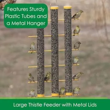 Songbird Essentials Giant Finch Feeder, Finches Favorite Yellow 3 Tube Thistle Feeder with Perches for up to 24 Goldfinches