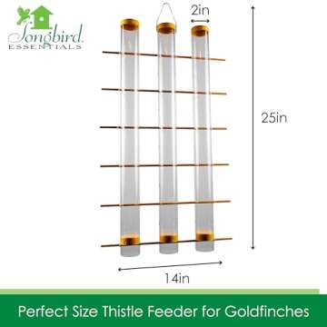 Songbird Essentials Giant Finch Feeder, Finches Favorite Yellow 3 Tube Thistle Feeder with Perches for up to 24 Goldfinches