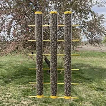 Songbird Essentials Giant Finch Feeder, Finches Favorite Yellow 3 Tube Thistle Feeder with Perches for up to 24 Goldfinches