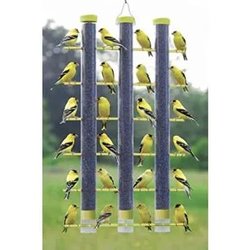 Songbird Essentials Giant Finch Feeder, Finches Favorite Yellow 3 Tube Thistle Feeder with Perches for up to 24 Goldfinches