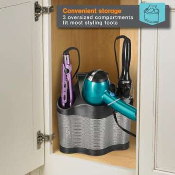 Polder Style Station, Organization for Styling Tools: Hair Dryers,Curling Irons, Straighteners, Brushes, Hang Over Towel Rack, Store Undersink or in Drawer, Black and Silver