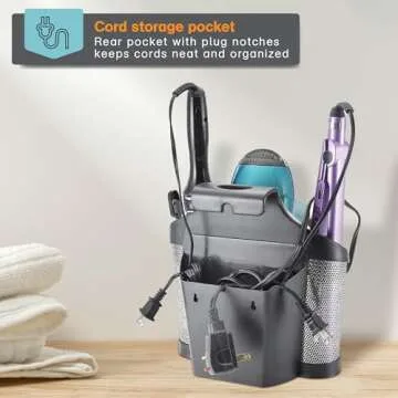 Polder Style Station, Organization for Styling Tools: Hair Dryers,Curling Irons, Straighteners, Brushes, Hang Over Towel Rack, Store Undersink or in Drawer, Black and Silver