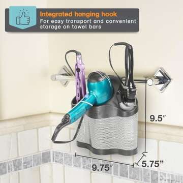 Polder Style Station, Organization for Styling Tools: Hair Dryers,Curling Irons, Straighteners, Brushes, Hang Over Towel Rack, Store Undersink or in Drawer, Black and Silver