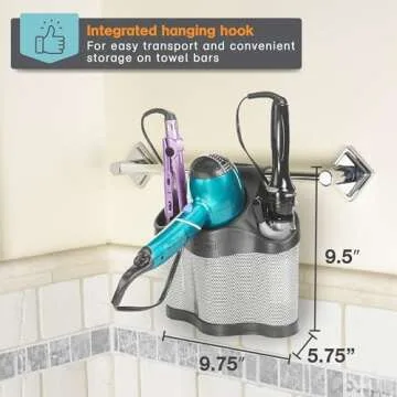 Polder Style Station, Organization for Styling Tools: Hair Dryers,Curling Irons, Straighteners, Brushes, Hang Over Towel Rack, Store Undersink or in Drawer, Black and Silver