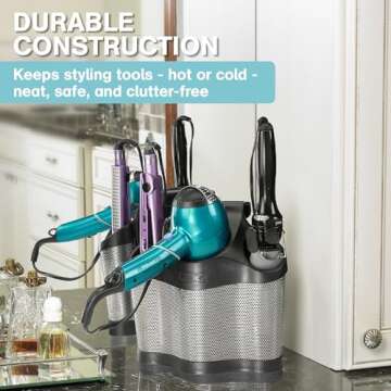 Polder Style Station, Organization for Styling Tools: Hair Dryers,Curling Irons, Straighteners, Brushes, Hang Over Towel Rack, Store Undersink or in Drawer, Black and Silver