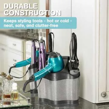 Polder Style Station, Organization for Styling Tools: Hair Dryers,Curling Irons, Straighteners, Brushes, Hang Over Towel Rack, Store Undersink or in Drawer, Black and Silver