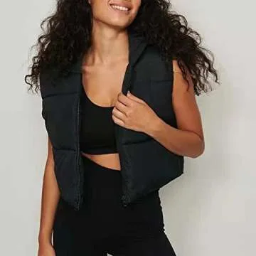 Hixiaohe Women's Winter Crop Vest Puffer Lightweight Stand Collar Padded Vest Zip Up Sleeveless Jacket(Black,L)