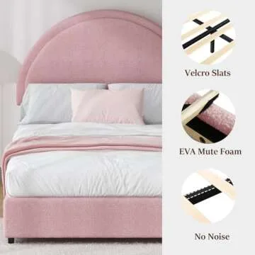 REVOMINCA Twin Bed Frames with Round Headboard, Boucle Upholstered Bed Frame, White Boucle Bed Frame for Kids, Soft Arch Shaped Modern Style, No Box Spring Required, Easy Assembly, Pink