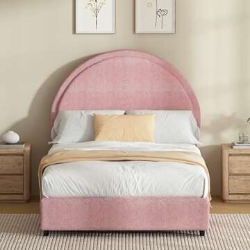REVOMINCA Twin Bed Frames with Round Headboard, Boucle Upholstered Bed Frame, White Boucle Bed Frame for Kids, Soft Arch Shaped Modern Style, No Box Spring Required, Easy Assembly, Pink