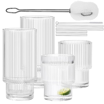 ALINK Ribbed Drinking Glasses 4pcs Set with Glass Straws - Stackable Vintage Fluted Glass Cups for C...