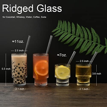 ALINK Stylish Ribbed Drinking Glasses 4pc Set with Straw