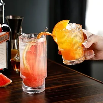 ALINK Stylish Ribbed Drinking Glasses 4pc Set with Straw