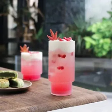 ALINK Stylish Ribbed Drinking Glasses 4pc Set with Straw