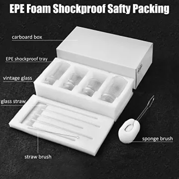 ALINK Stylish Ribbed Drinking Glasses 4pc Set with Straw