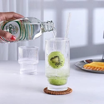 ALINK Stylish Ribbed Drinking Glasses 4pc Set with Straw