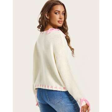 Womens Bow Pullover Sweater Y2K Crop Drop Shoulder Knitwear Loose Casual Outfits White