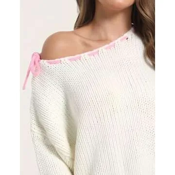 Womens Bow Pullover Sweater Y2K Crop Drop Shoulder Knitwear Loose Casual Outfits White