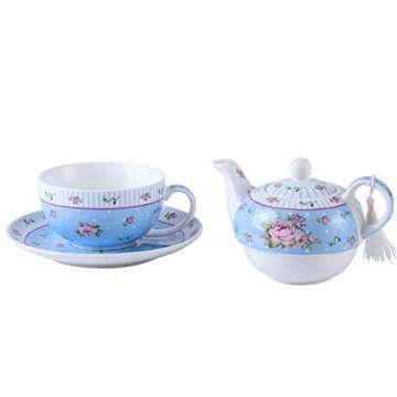 London Boutique Tea for One Teapot Cup saucer Set Vintage Flora Rose New Bone China Gift Box (Rose Blue)