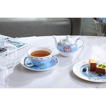 London Boutique Tea for One Teapot Cup saucer Set Vintage Flora Rose New Bone China Gift Box (Rose Blue)