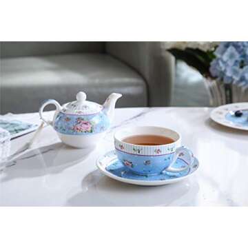 London Boutique Tea for One Teapot Cup saucer Set Vintage Flora Rose New Bone China Gift Box (Rose Blue)