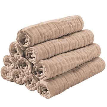 Yoofoss Muslin Burp Cloths for Baby 10 Pack 100% Cotton Baby Washcloths for Boys Girls Large 20''X10'' Super Soft and Absorbent Brown