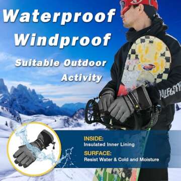 Solaris Waterproof Ski Gloves for Men, Winter Warm Cozy Thinsulated 3M Snow Gloves for Skiing, Snowboarding, Shoveling, Cycling, Outdoor Sports