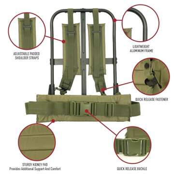 Rothco Alice Pack Frame with Attachments – Includes Padded Shoulder Straps and Kidney Pad Waistbelt – Lightweight Aluminum Construction