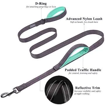 VIVAGLORY Traffic Handle Dog Leash, Two Padded Soft Handles Dog Leash, Strong Reflective & Metal Hook Training Dog Lead, Grey