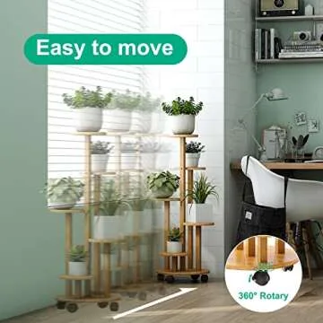 kiplant Bamboo Corner Plant Stand with Wheels, 5 Tiered for Indoor Plants Multiple, Window Garden Balcony Living Room
