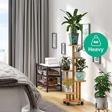 kiplant Bamboo Corner Plant Stand with Wheels, 5 Tiered for Indoor Plants Multiple, Window Garden Balcony Living Room