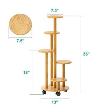 kiplant Bamboo Corner Plant Stand with Wheels, 5 Tiered for Indoor Plants Multiple, Window Garden Balcony Living Room