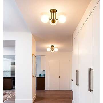 SHAWNKEY Modern Brass Gold 3-Light Ceiling Light with Globe White Glass Shade Semi Flush Mount Ceili...