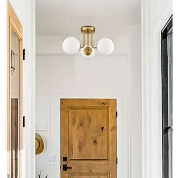 SHAWNKEY Modern Brass Gold 3-Light Ceiling Light with Globe White Glass Shade Semi Flush Mount Ceiling Light for Living Room Hallway Sputnik Chandelier Lighting Fixture