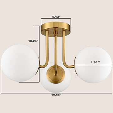 SHAWNKEY Modern Brass Gold 3-Light Ceiling Light with Globe White Glass Shade Semi Flush Mount Ceiling Light for Living Room Hallway Sputnik Chandelier Lighting Fixture