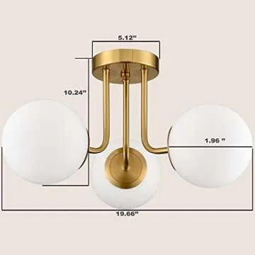 SHAWNKEY Modern Brass Gold 3-Light Ceiling Light with Globe White Glass Shade Semi Flush Mount Ceiling Light for Living Room Hallway Sputnik Chandelier Lighting Fixture
