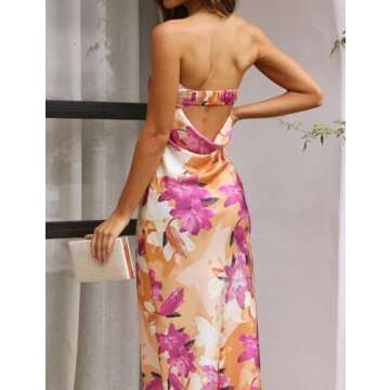 Realtix Summer Satin Print Backless Tube Tops Maxi Dress for Women Low Back Hollow Out Elegant Strap...