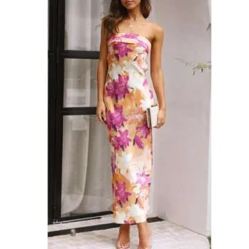 Realtix Summer Satin Print Backless Tube Tops Maxi Dress for Women Low Back Hollow Out Elegant Strapless Long Dresses Wedding Guest