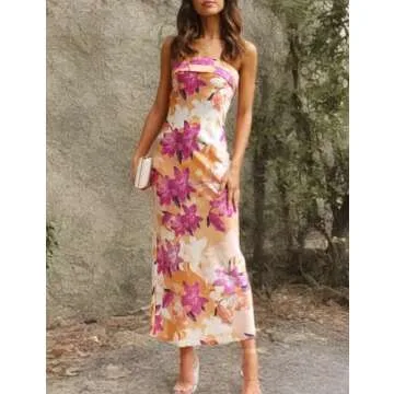 Realtix Summer Satin Print Backless Tube Tops Maxi Dress for Women Low Back Hollow Out Elegant Strapless Long Dresses Wedding Guest