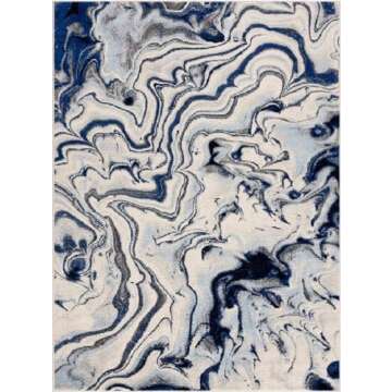 Hauteloom Glendon Abstract Coastal Living Room Bedroom Dining Room Area Rug - Marble Swirl Pattern Carpet - Modern Contemporary Bohemian - Ombre Blue, Royal Blue, Navy Blue, Grey, White - 5'3" x 7'3"